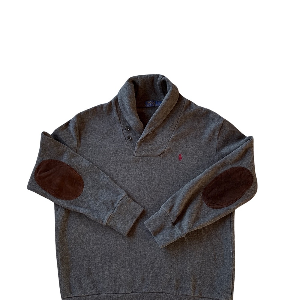 Polo by Ralph Lauren Charcoal Shawl Collar Pullover Sweater with Patches Large